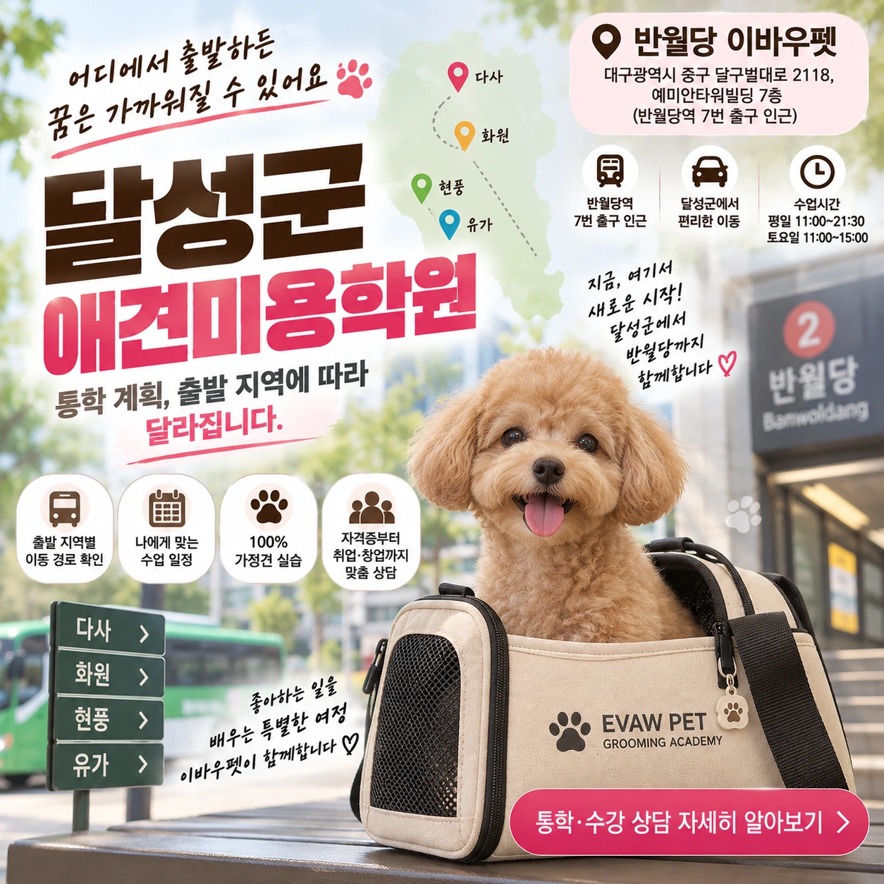 달성군애견미용학원 통학 계획, 출발 지역에 따라 달라집니다