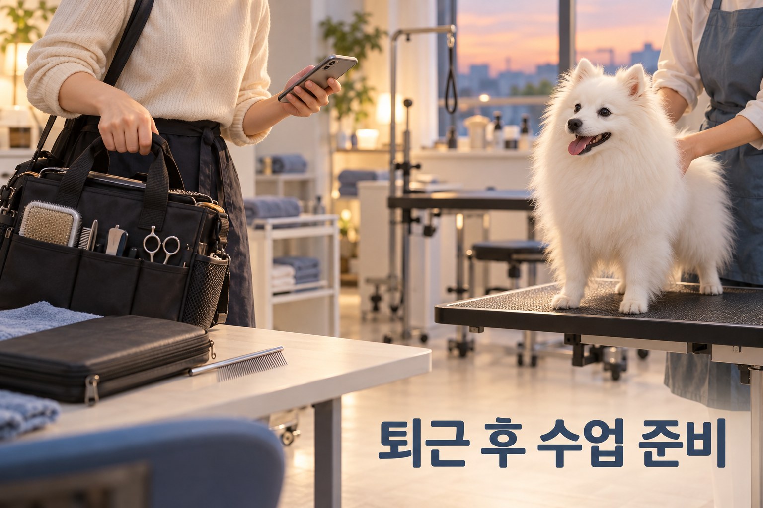 퇴근 후 미용 도구를 준비하는 수강 장면 예시