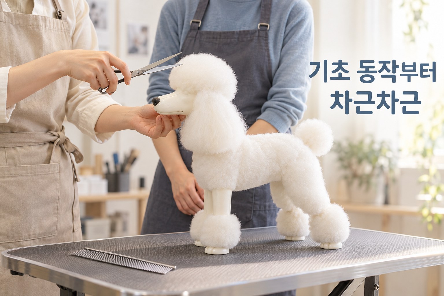 푸들 모형견으로 가위질을 연습하는 기초 실습 예시