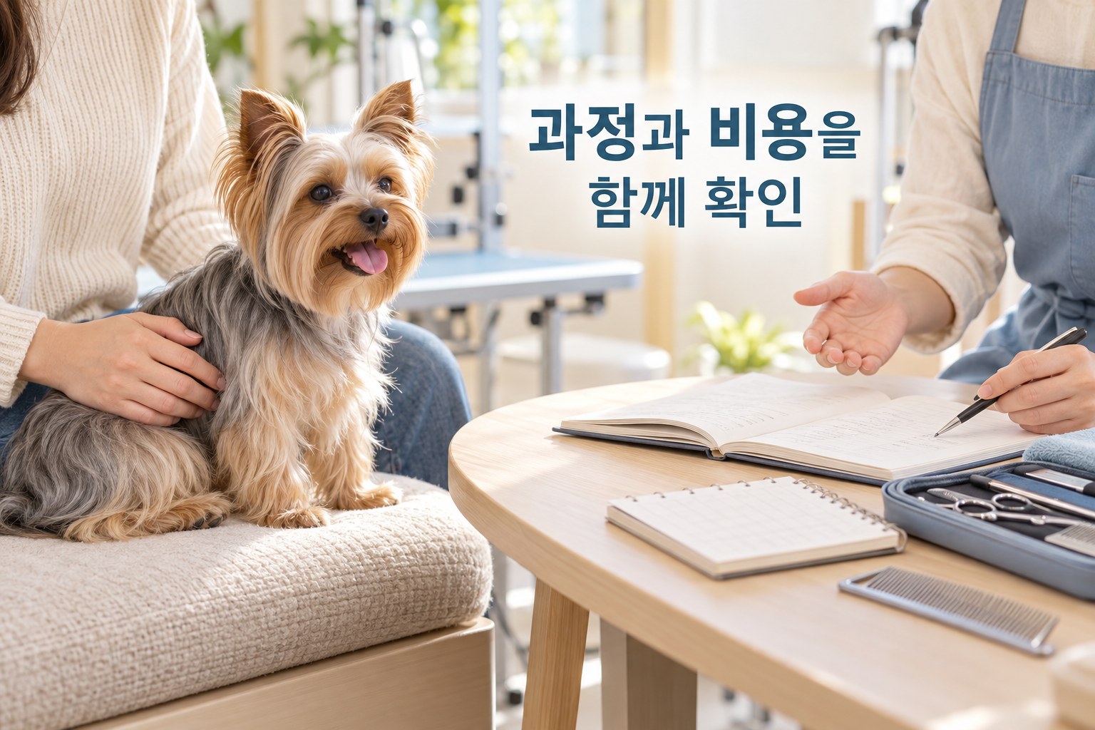 반려견과 함께 교육과정과 비용을 상담하는 장면 예시