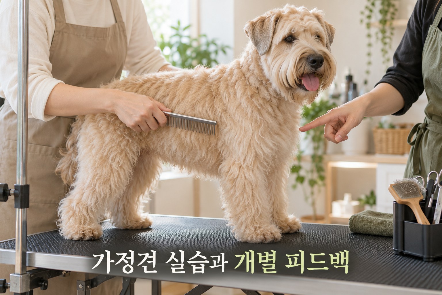 가정견 미용 실습과 개별 피드백 장면