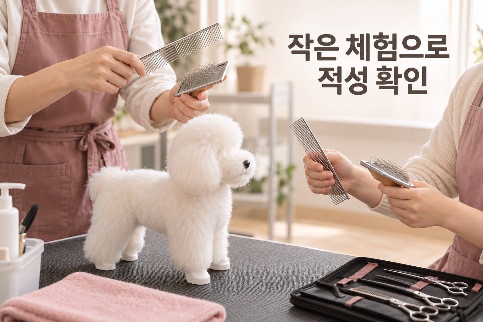 흰색 모형견과 콤·브러시로 애견미용 적성을 체험하는 장면 예시