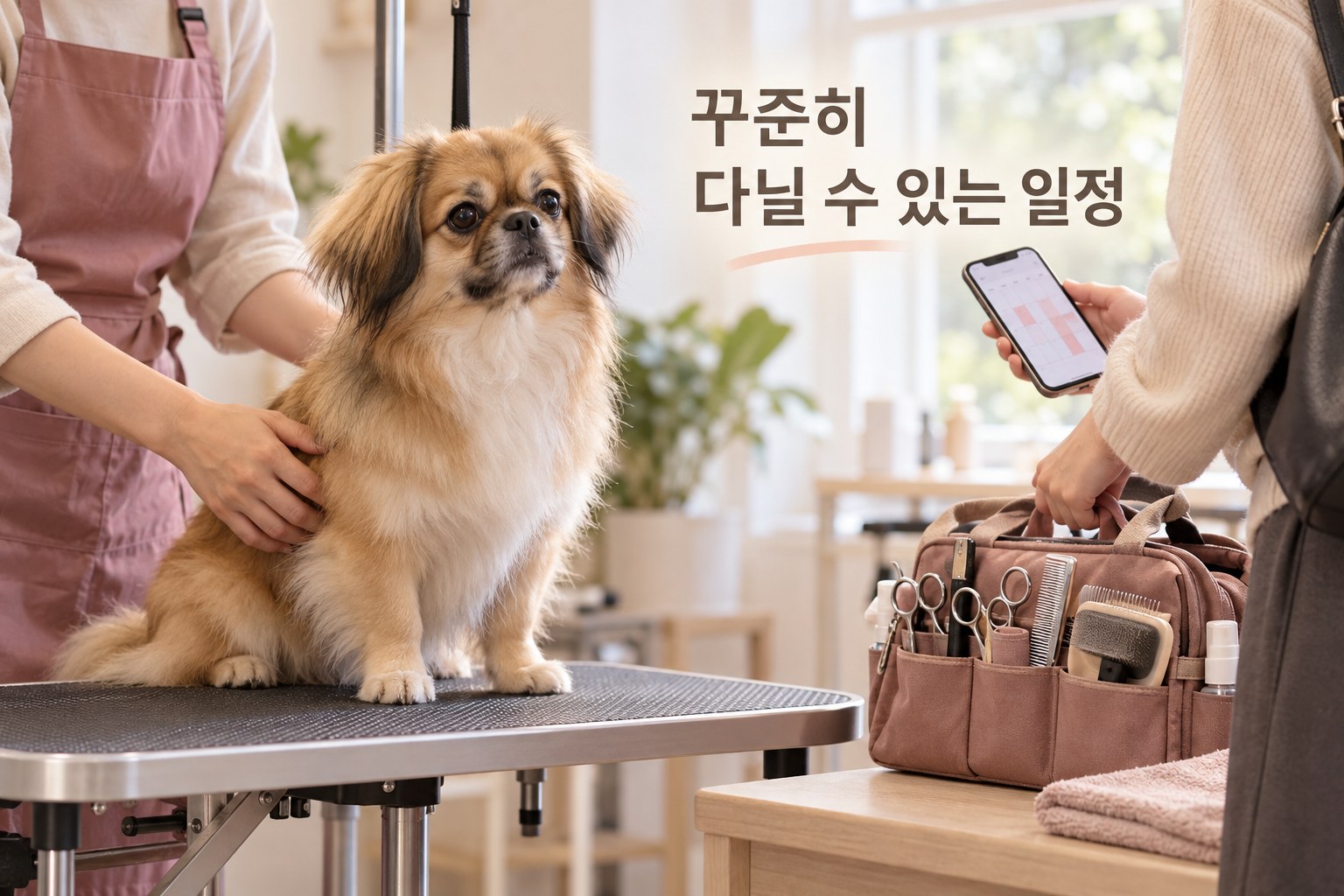 미용 도구 가방과 휴대전화 일정표를 확인하며 수업을 준비하는 장면 예시
