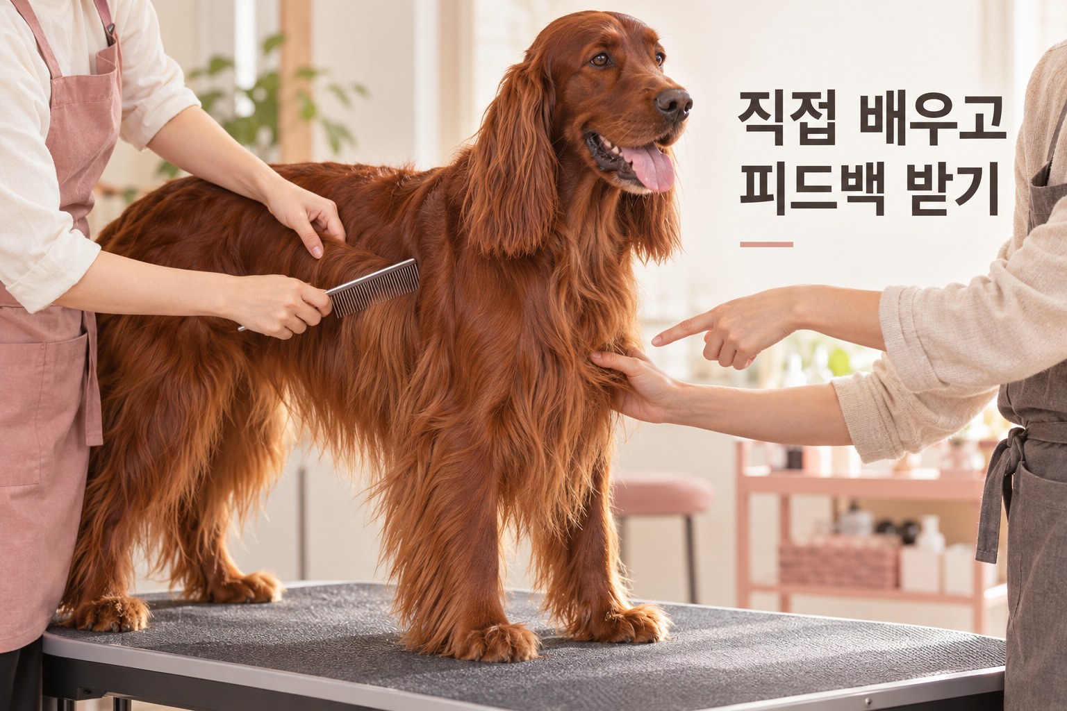 아이리시 세터의 털을 빗으며 강사의 피드백을 받는 실견 미용 실습 예시