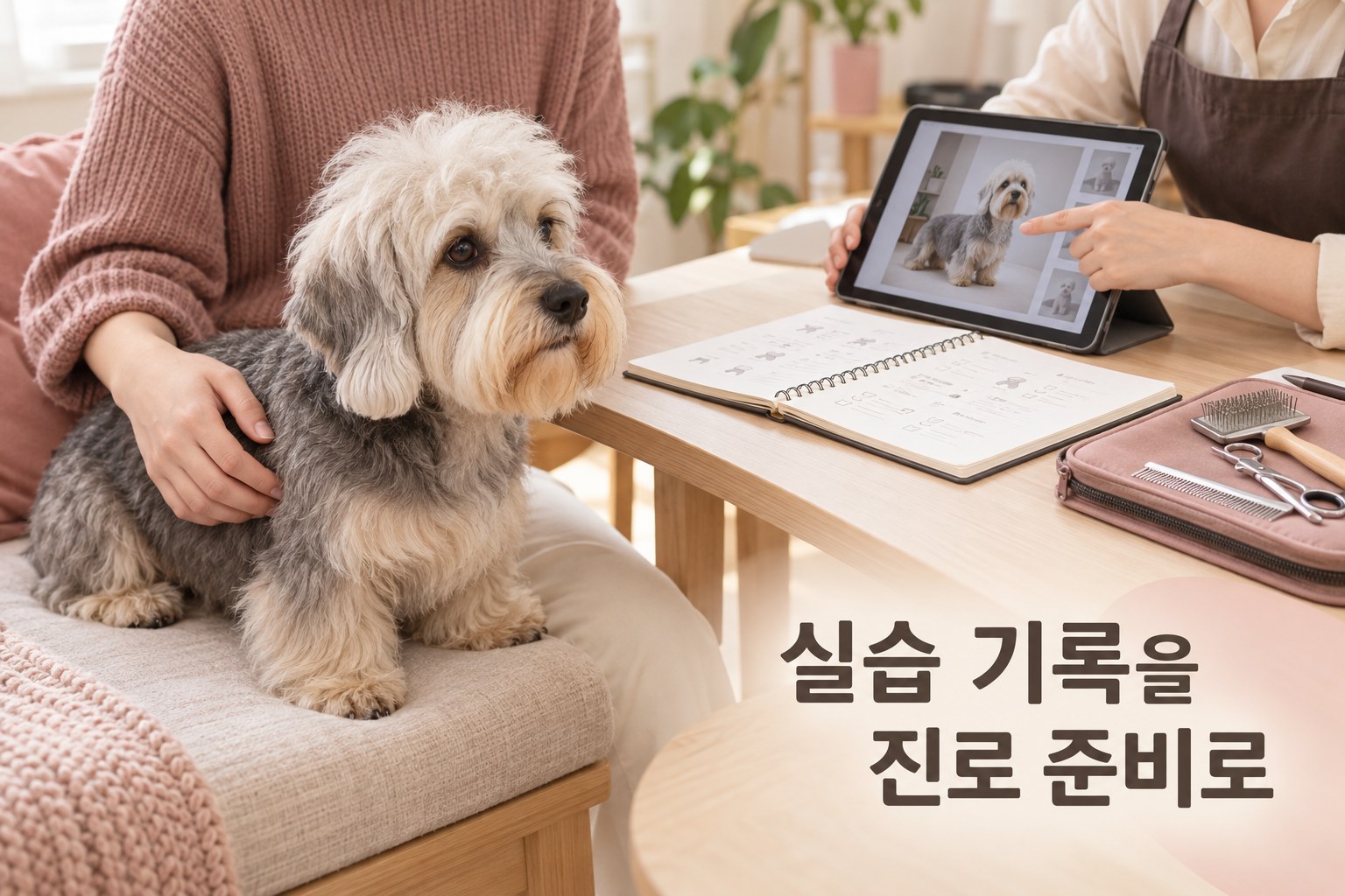 반려견 미용 사진과 실습 노트를 살펴보며 진로를 상담하는 장면 예시