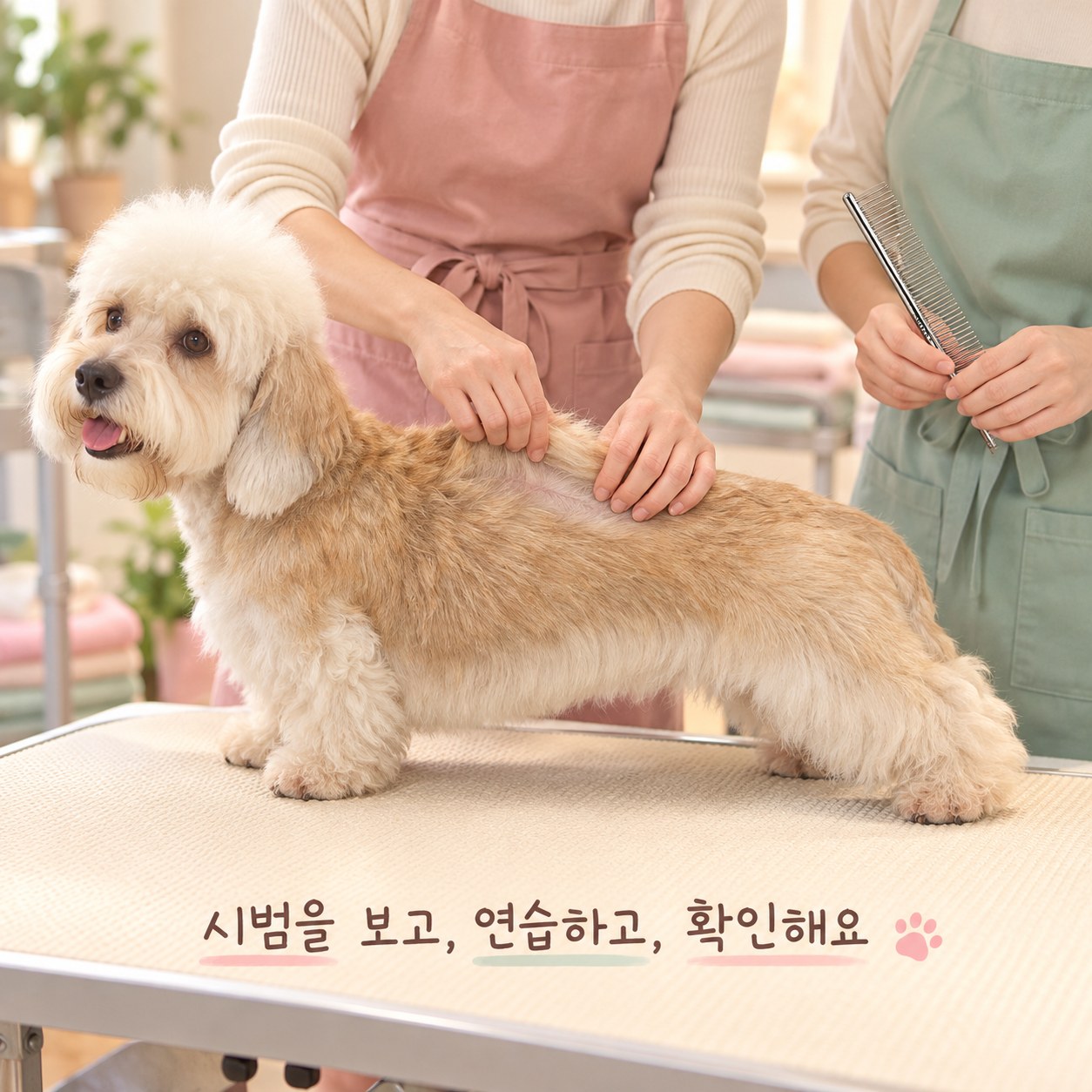 강사의 손질 시범을 보며 배우는 테리어 미용 교육 예시