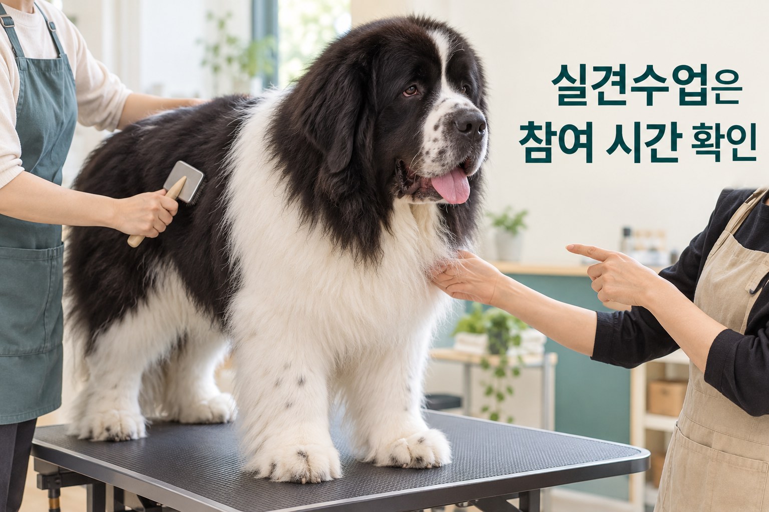 뉴펀들랜드의 털을 빗으며 실견수업 참여 시간을 안내하는 장면 예시