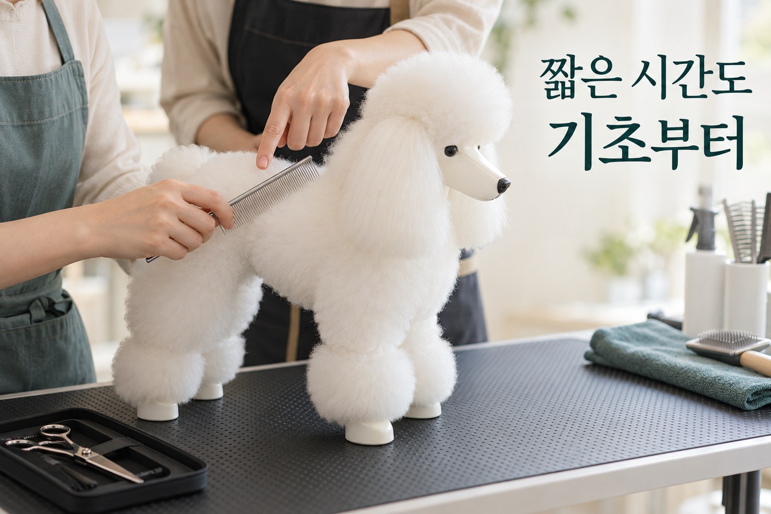 흰색 푸들 모형견으로 콤 사용법을 배우는 기초 그루밍 연습 예시