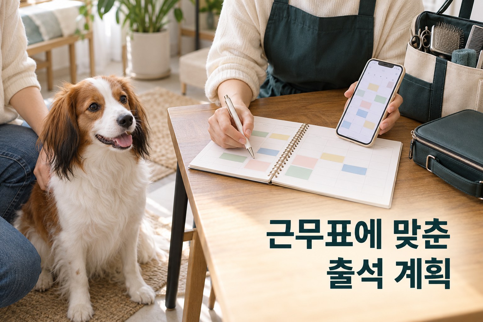 반려견 옆에서 휴대전화 달력과 수첩으로 근무표에 맞는 출석 계획을 세우는 장면 예시