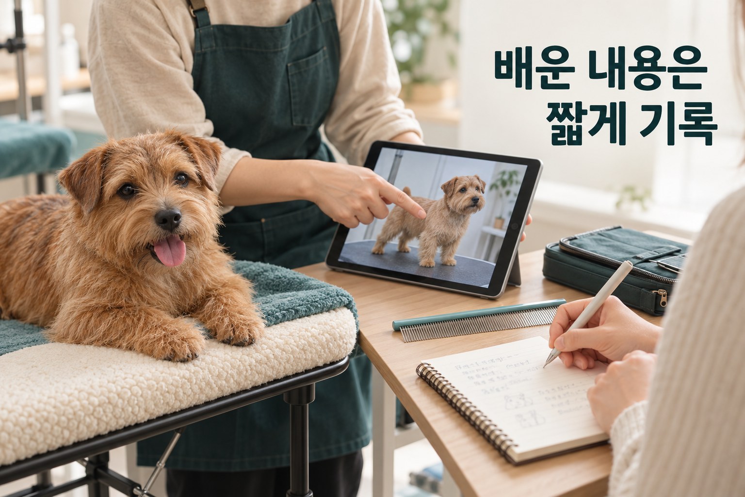 노퍽 테리어의 미용 사진을 살펴보며 배운 내용과 피드백을 기록하는 장면 예시